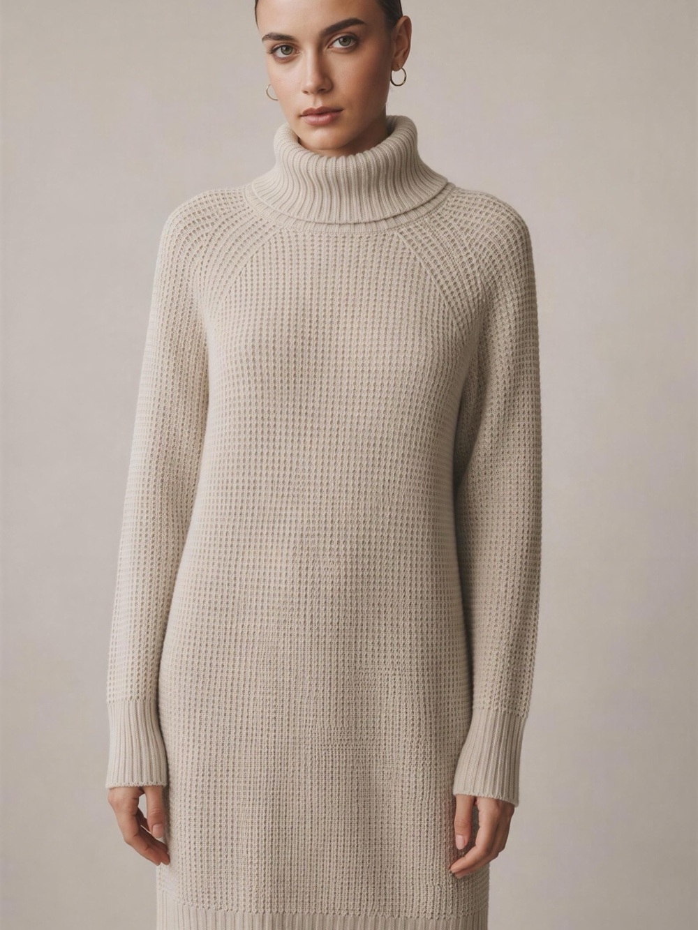 Vintage Daily Ritual Cream Waffle-Knit Turtleneck Sweater Dress
